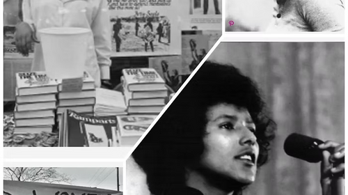 Schwarz-Weiß-Collage mit historischen Fotos einer Frau am Mikrofon und einem „Women's Liberation"-Transparent