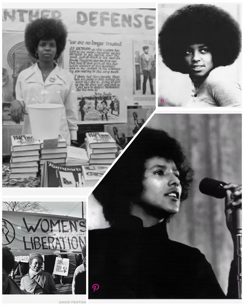 Schwarz-Weiß-Collage mit historischen Fotos einer Frau am Mikrofon und einem „Women's Liberation"-Transparent