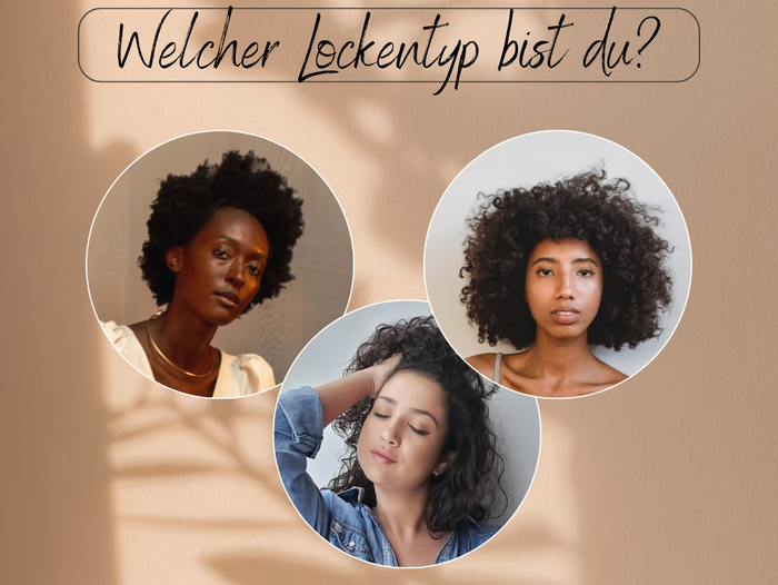 Grafik mit dem Text „Welcher Lockentyp bist du?" und drei kreisförmig angeordneten Portrait-Fotos von Frauen mit unterschiedlichen Lockenstrukturen