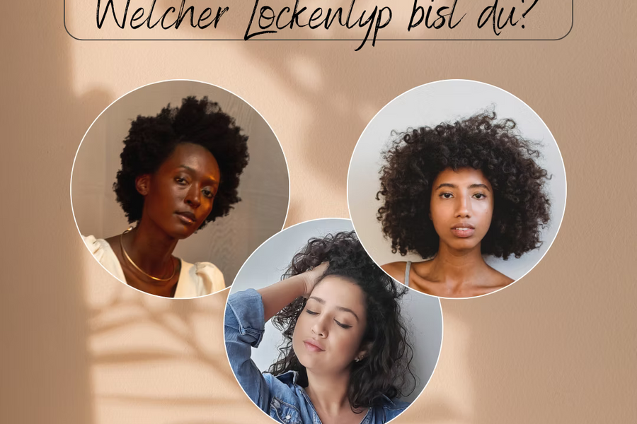 Grafik mit dem Text „Welcher Lockentyp bist du?" und drei kreisförmig angeordneten Portrait-Fotos von Frauen mit unterschiedlichen Lockenstrukturen