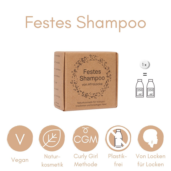 Afrolocke Festes Shampoo in der Papierverpackung mit Hinweis plastikfrei