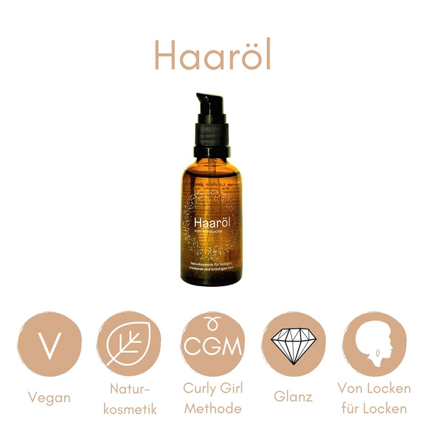 Afrolocke Haaröl mit Hinweisen zu vegan, Naturkosmetik und Glanz