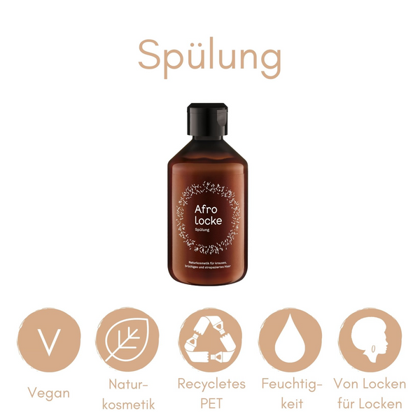 Afrolocke Spülung mit Hinweisen zu vegan, Naturkosmetik und Feuchtigkeit