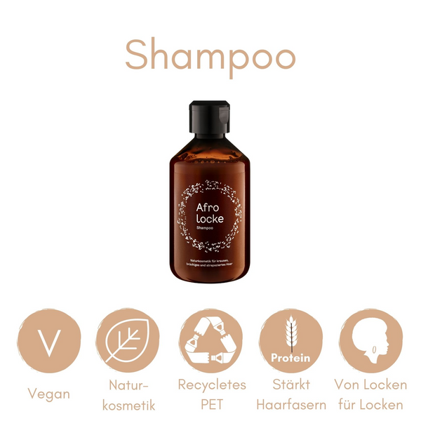 Afrolocke Shampoo mit Hinweisen zu vegan, Naturkosmetik und stärkeren Haarfasern